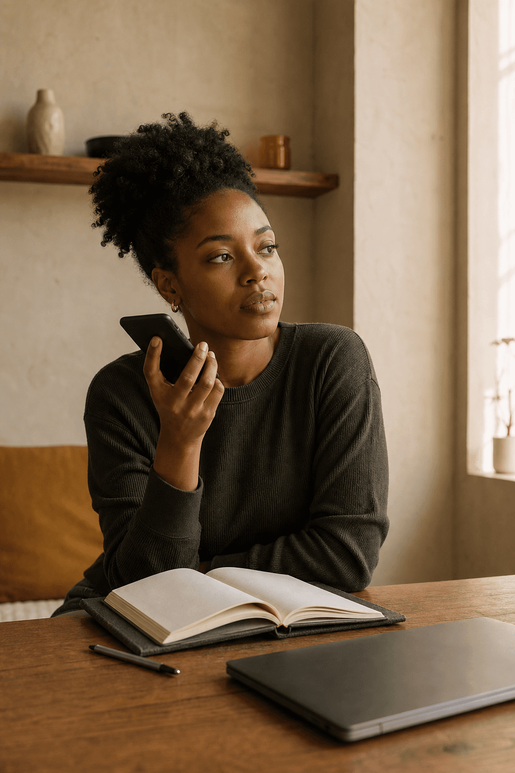 An original editorial portrait of a young professional speaking a voice note beside an open journal